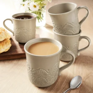 Vintage Lace Ceramic Mug Set, Taupe, 4-Pack