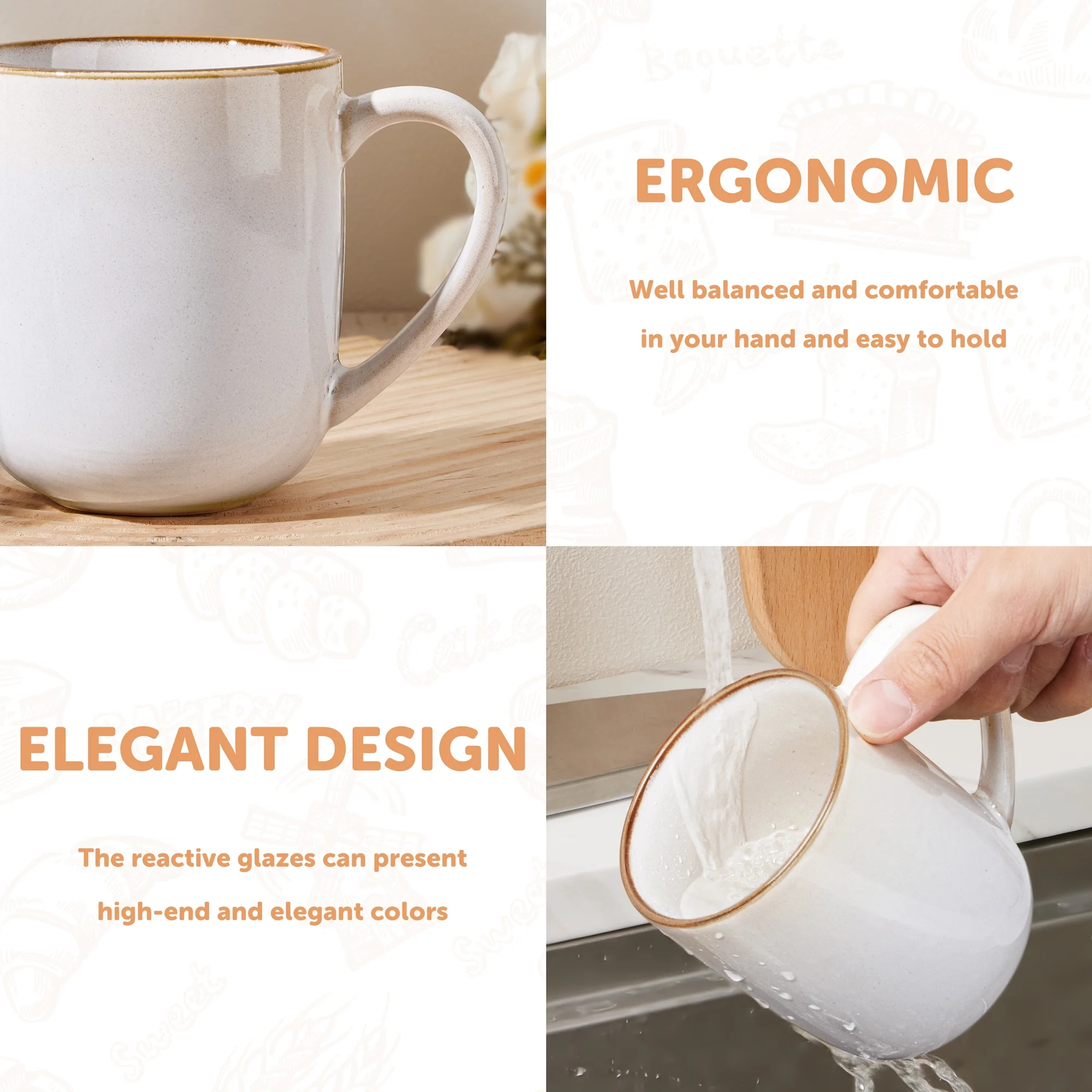 Mug Set of 4, 14oz Ceramic Cup with Handle - Image 3